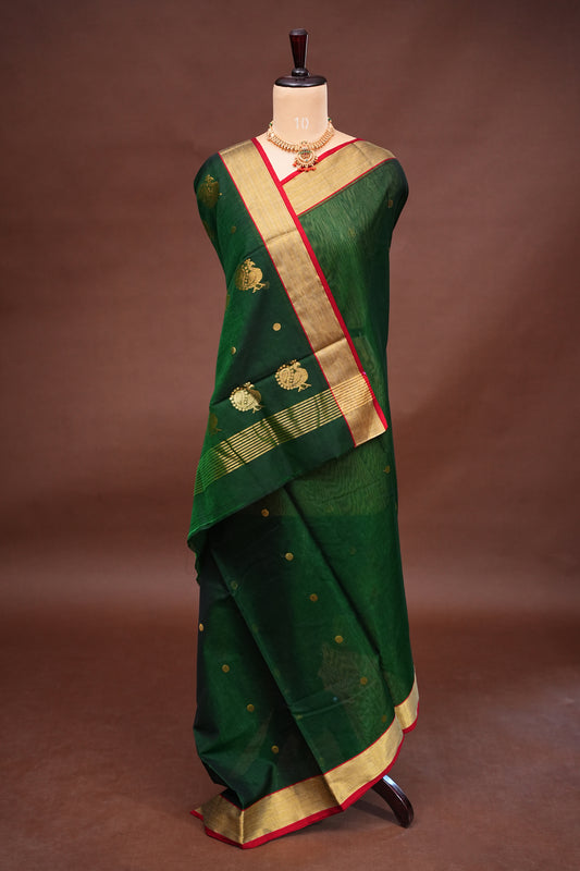 Pure Chanderi Silk Saree with Zari Buttas & Tissue Border - Dark Green
