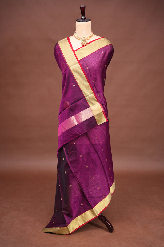 Pure Chanderi Silk Saree with Zari Buttas & Tissue Border - Dark Pink