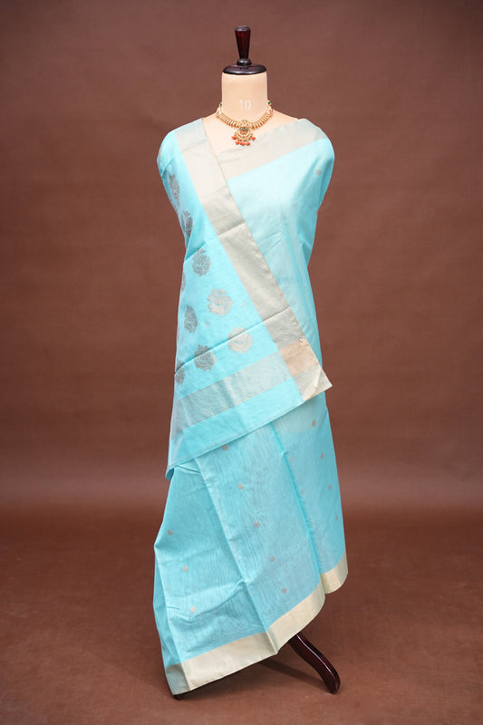 Pure Chanderi Silk Saree with Zari Buttas & Tissue Border - Sky Blue