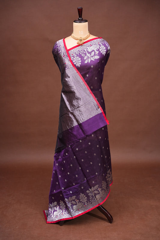 Pure Chanderi Silk Saree with Zari Buttas & Tissue Border - Royal Purple