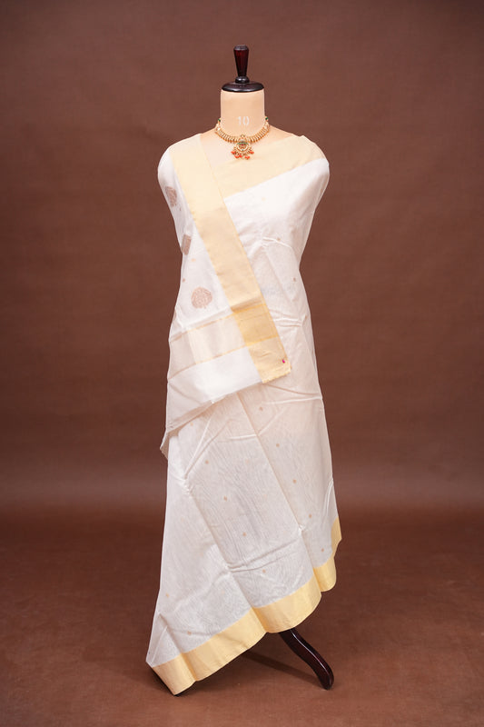 Pure Chanderi Silk Saree with Zari Buttas & Tissue Border - White