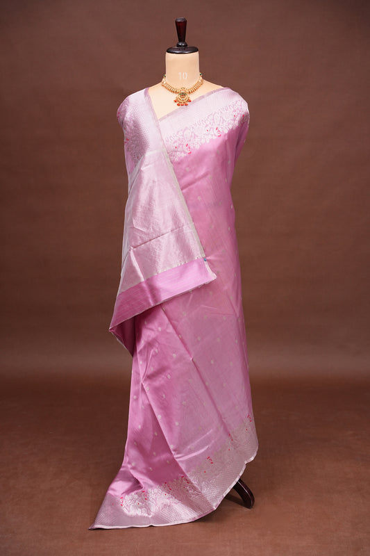 Pure Chanderi Silk Saree with Zari Buttas & Tissue Border - Soft Pink