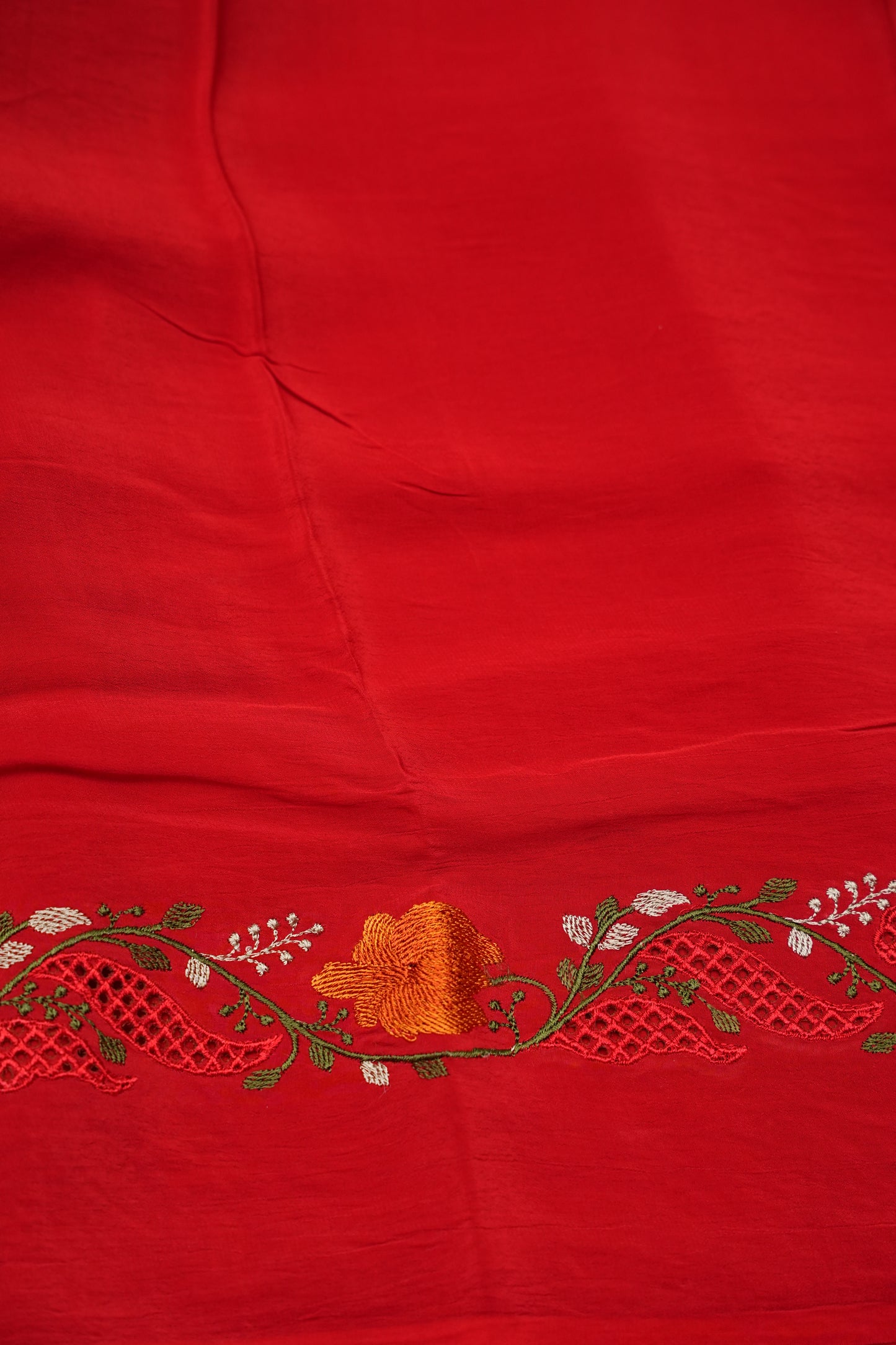 Crepe Silk Saree with Embroidered Border - Red