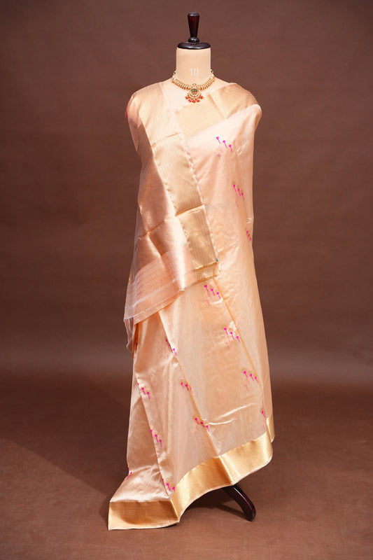 Pure Chanderi Silk Saree with Zari Buttas & Tissue Border - Cream