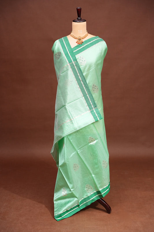 Pure Chanderi Silk Saree with Zari Buttas & Tissue Border - Mint Green