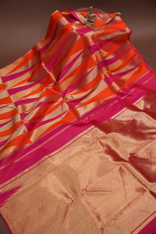 Hot Pink & Vermilion Orange Pure Kanchipuram Silk Saree | Silk Mark Certified