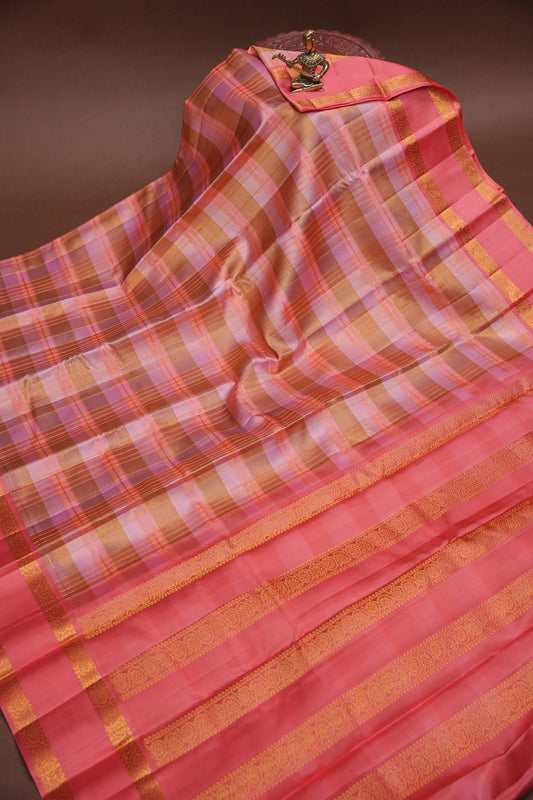 Peach Pink Checked Pure Kanchipuram Silk Saree | Silk Mark Certified