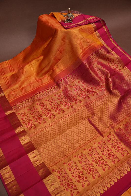 Mustard Gold & Deep Red Pure Kanchipuram Silk Saree | Silk Mark Certified