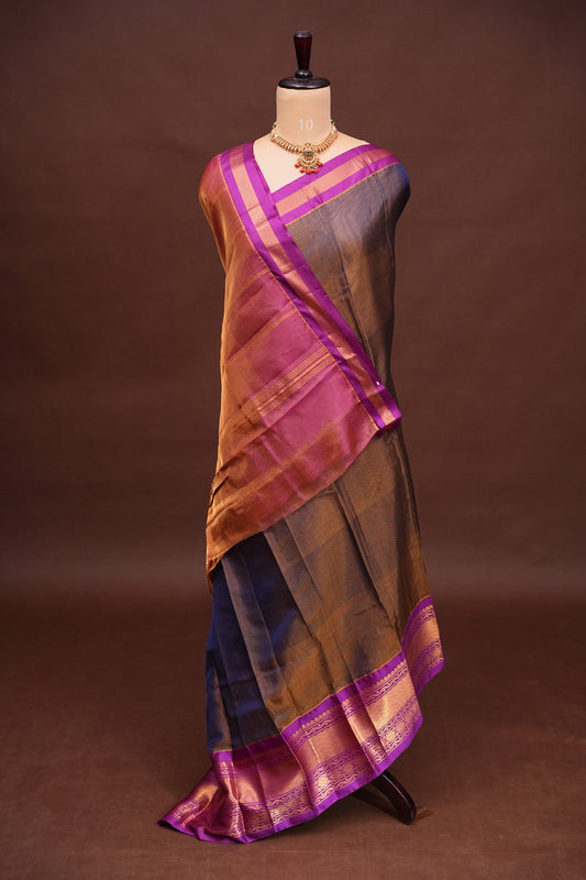 Tissue Mangalgiri Kuppadam Pattu Saree - Navy Blue & Pink