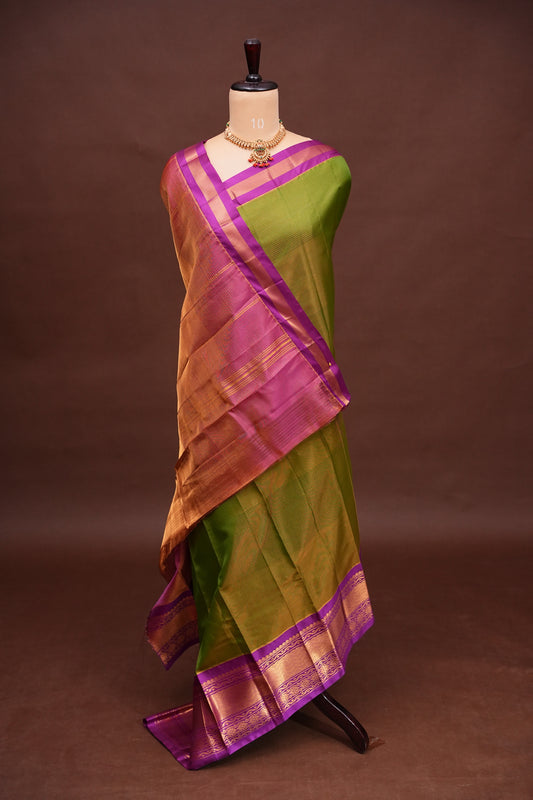 Tissue Mangalgiri Kuppadam Pattu Saree - Parrot Green and Pink