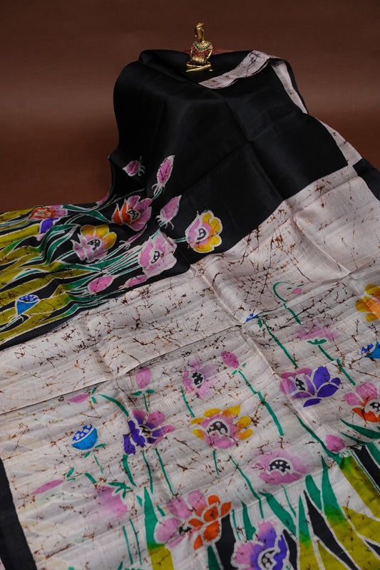 Purely Handpainted Batik Floral On Pure Tussar Silk Saree-Black|Silk Mark Certified