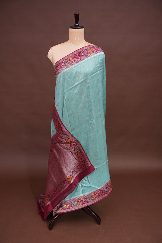 Tussar Banarasi Raw Silk Saree with Floral Paithani Weaves β Mint Green & Wine