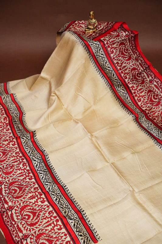 Purely Handpainted Classic On Pure Tussar Silk Saree-Beige with Red|Silk Mark Certified