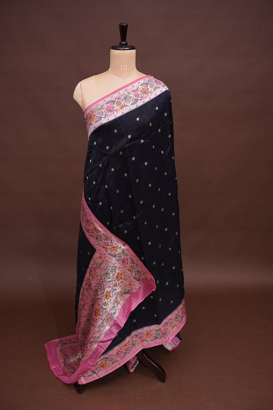 Tussar Banarasi Raw Silk Saree with Floral Paithani Weaves – Black & Pink