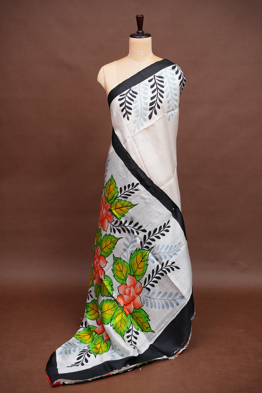 Purely Handpainted Floral On Pure Tussar Silk Saree-White & Black|Silk Mark Certified