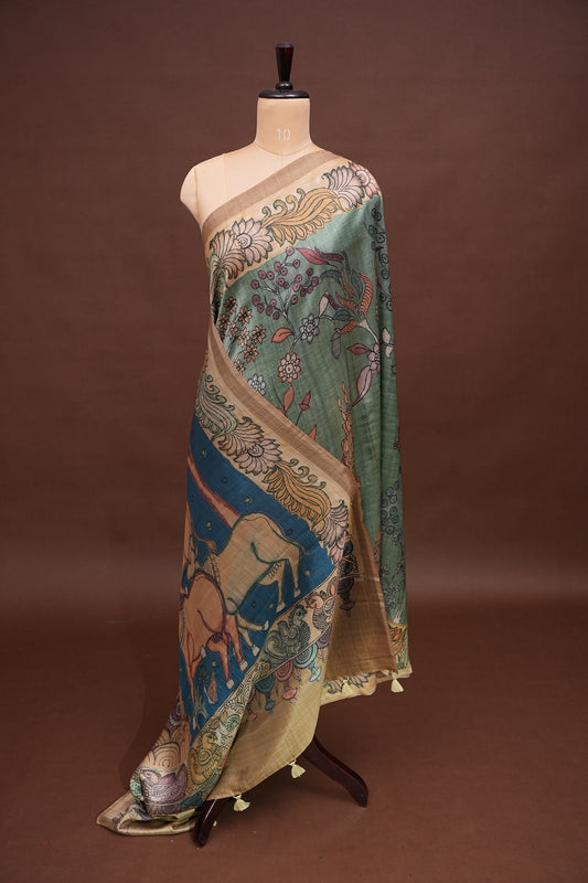 Artistic Green Kalamkari Tussar Silk Saree with Nature-Inspired Print