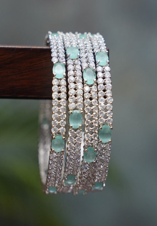 Mint Green & White AD Stone Silver Bangles – Set of 4