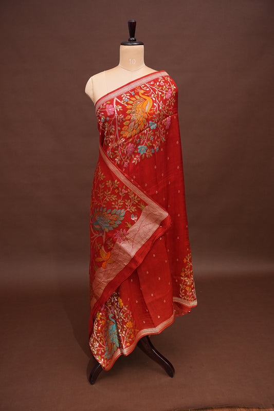 Tussar Banarasi Raw Silk Saree with Floral Paithani Weaves – Rust Orange