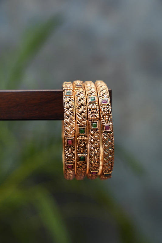 Antique Gold-Plated Temple Bangles Set – Ruby & Emerald Stone Details | Set of 4