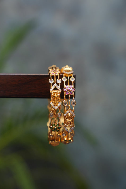 Premium Gold-Plated Temple Design Bangles – White, Ruby & Emerald Stones | Set of 2