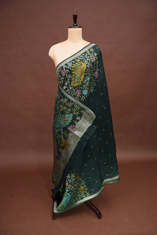 Tussar Banarasi Raw Silk Saree with Floral Zari Butta Weaving β Bottle Green