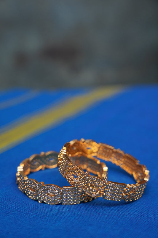 Antique Gold Plated Premium White Stone Studded Bangle Jewellery - Set of 2