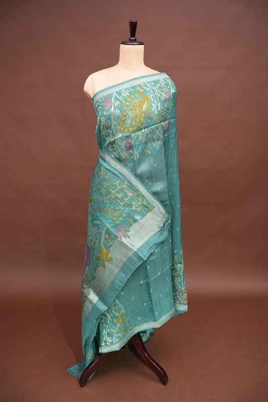 Tussar Banarasi Raw Silk Saree with Floral Zari Butta Weaving β Aqua Green