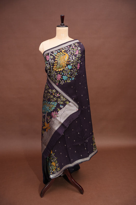 Tussar Banarasi Raw Silk Saree with Floral Paithani Weaves β Deep Purple