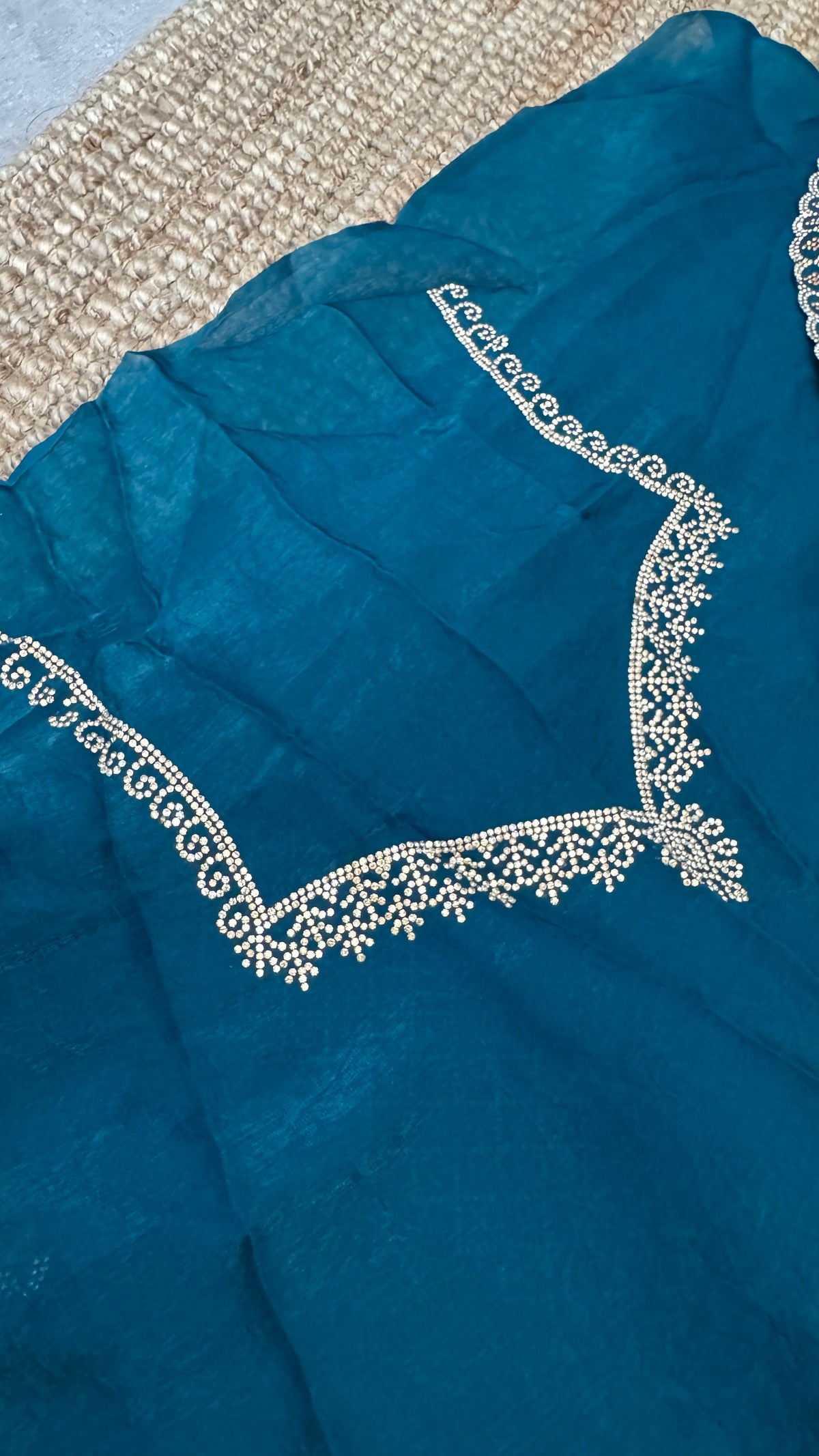 Teal Blue Party Wear Saree with Hand Embellished Stone Border