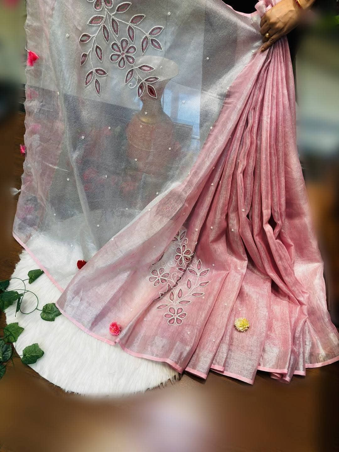 Hand Embroidered Pure Tissue Linen Silk Saree - Blush Pink