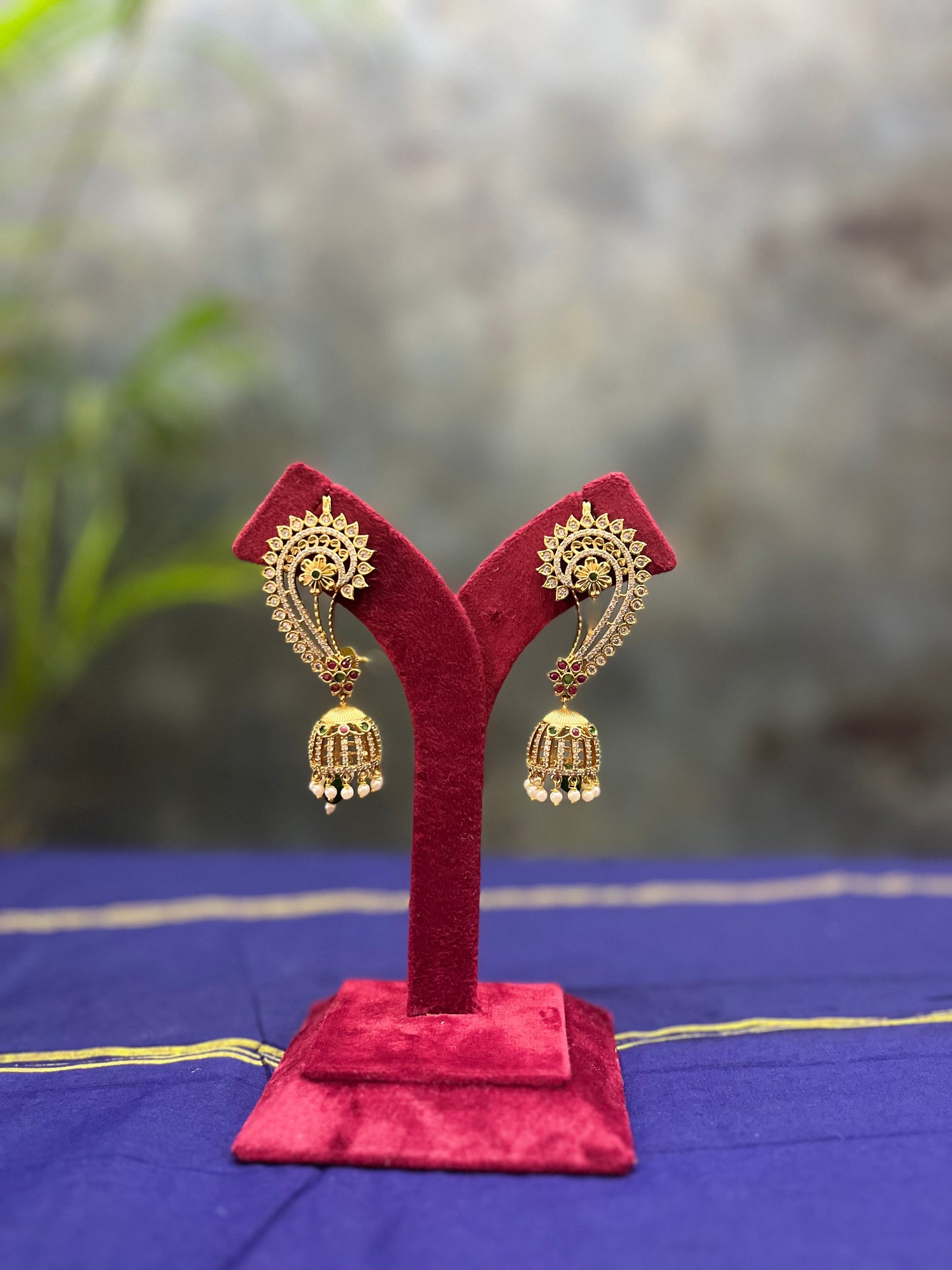 Antique Jhumka with White, Ruby and Emerald Stones