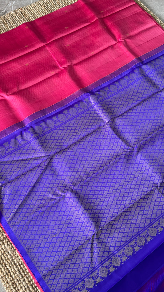 Pink Pure Kanchipuram Silk Saree with Royal Blue Contrast | Silk Mark Certified