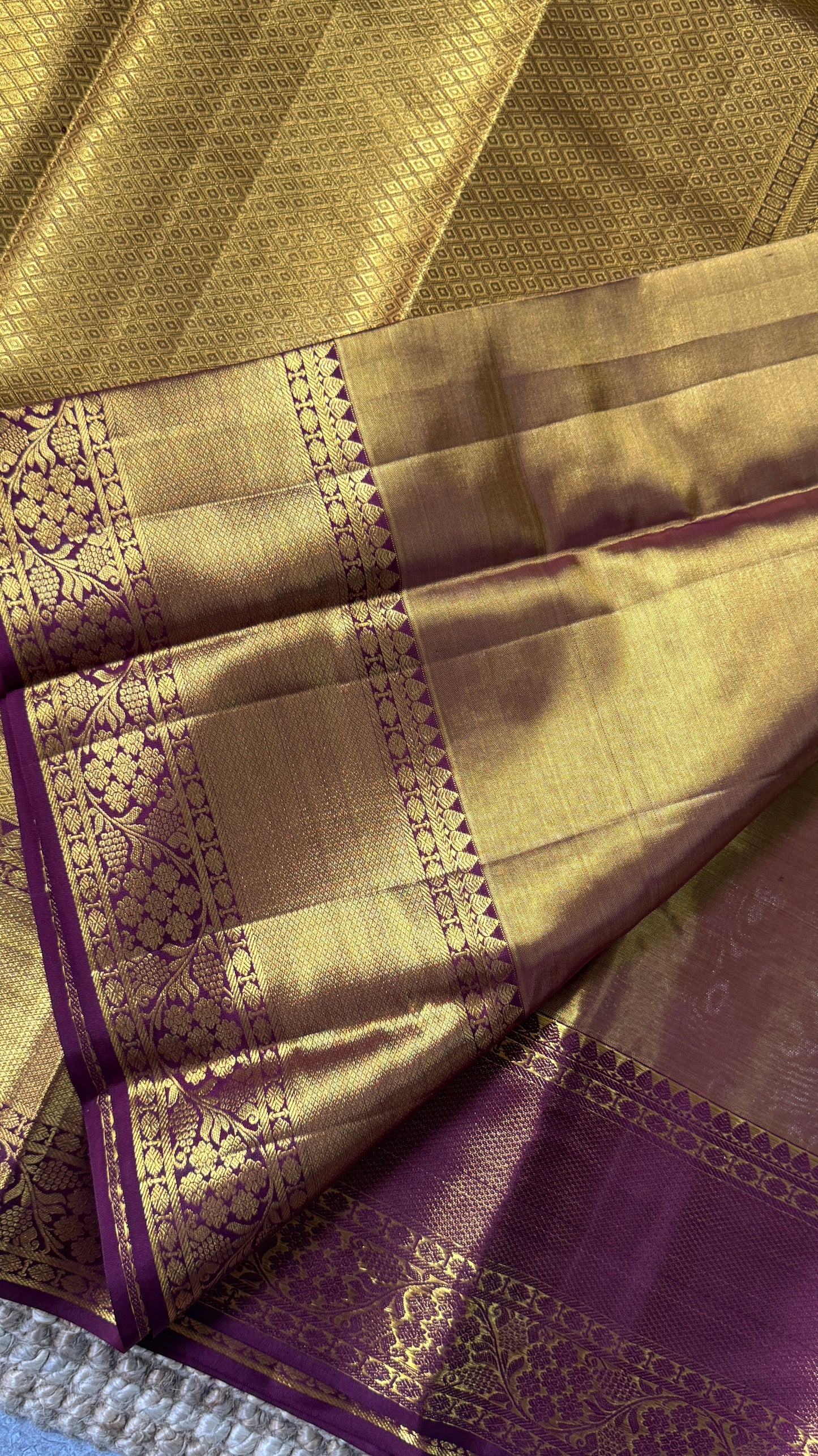 Light Gold Pure Tissue Kanchipuram Silk Saree with Maroon Contrast | Silk Mark Certified