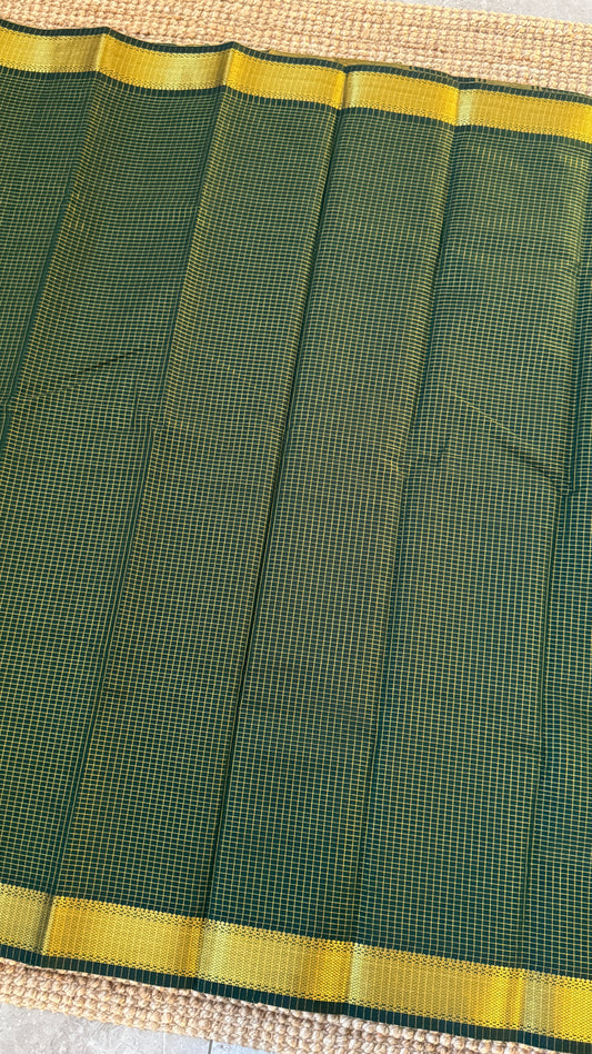 Pure Hand-Woven Checkered Tissue Silk Saree - Bottle Green