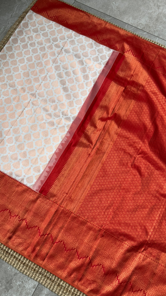 White & Deep Red Bridal Pure Kanchipuram Silk Saree | Silk Mark Certified