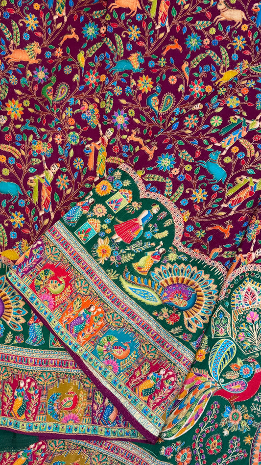 Kashmiri Pashmina Banarasi Sarees - Wine & Teal
