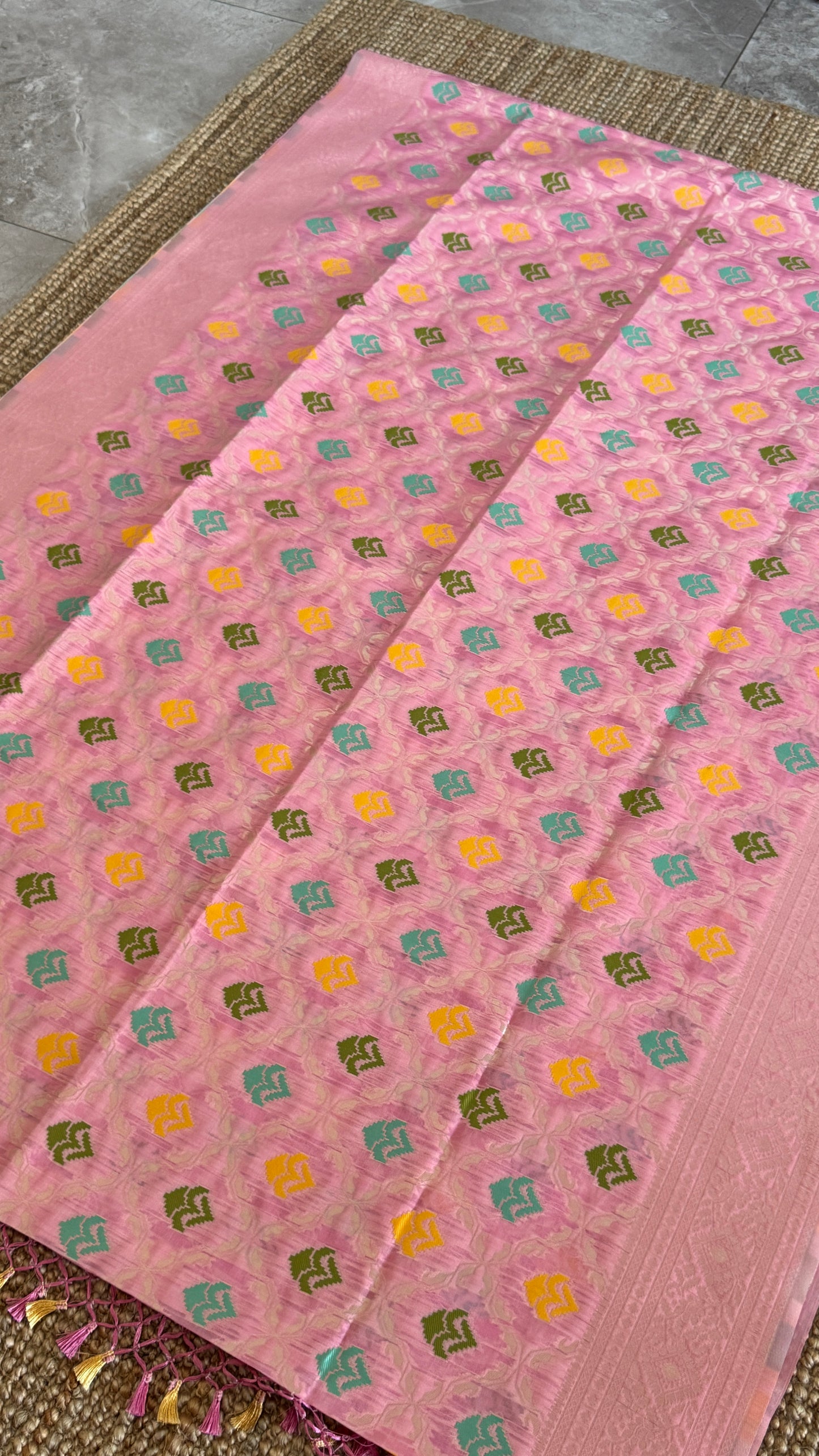 Cotton Silk Saree – Baby Pink with Meenakari Detailing and Gold Zari border