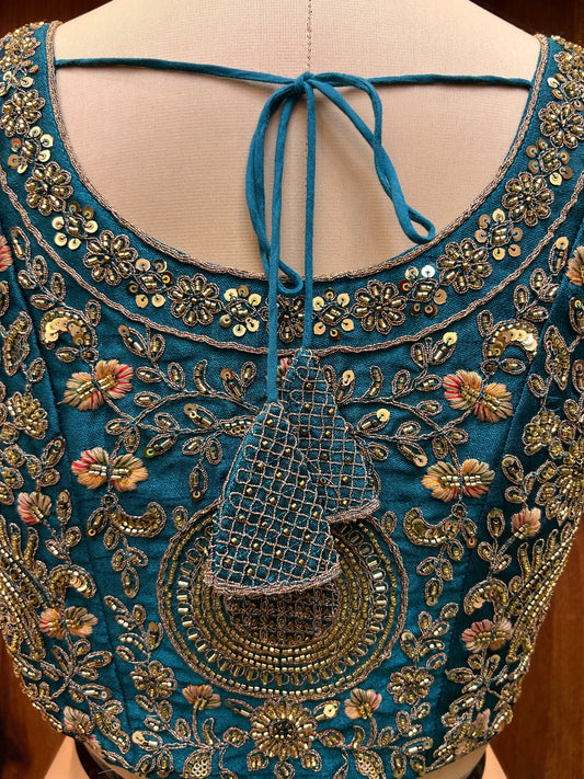 Teal Blue Hand-Embroidered Designer Blouse