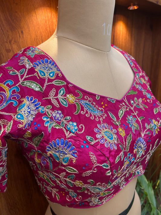 Magenta Pink Floral Embroidered Designer Blouse
