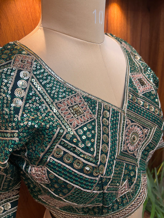 Emerald Green Hand-Embellished Designer Full Sleeves Blouse