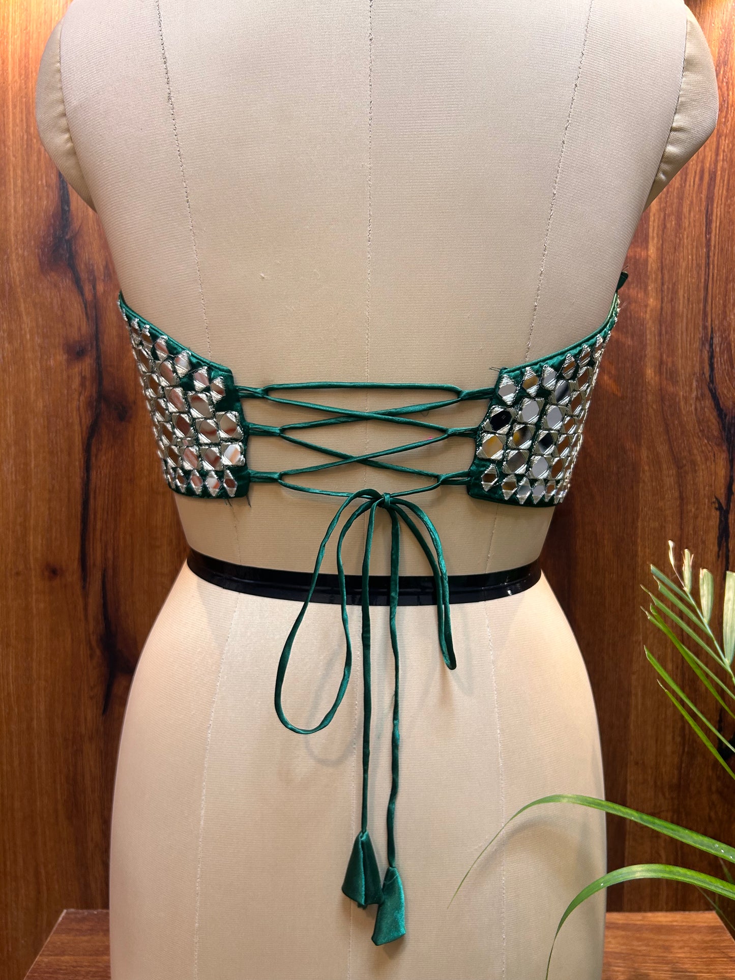 Emerald Green Mirror Work Halter Neck Designer Blouse