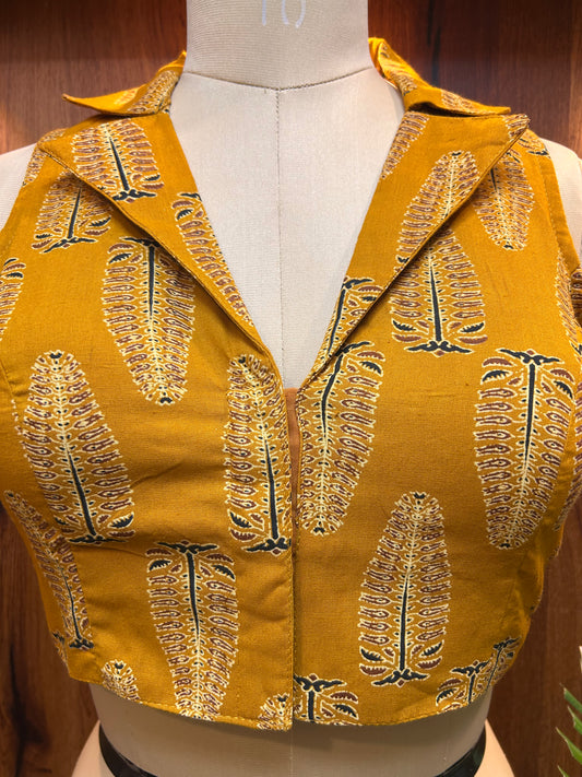 Mustard Yellow Printed Collared Designer Blouse