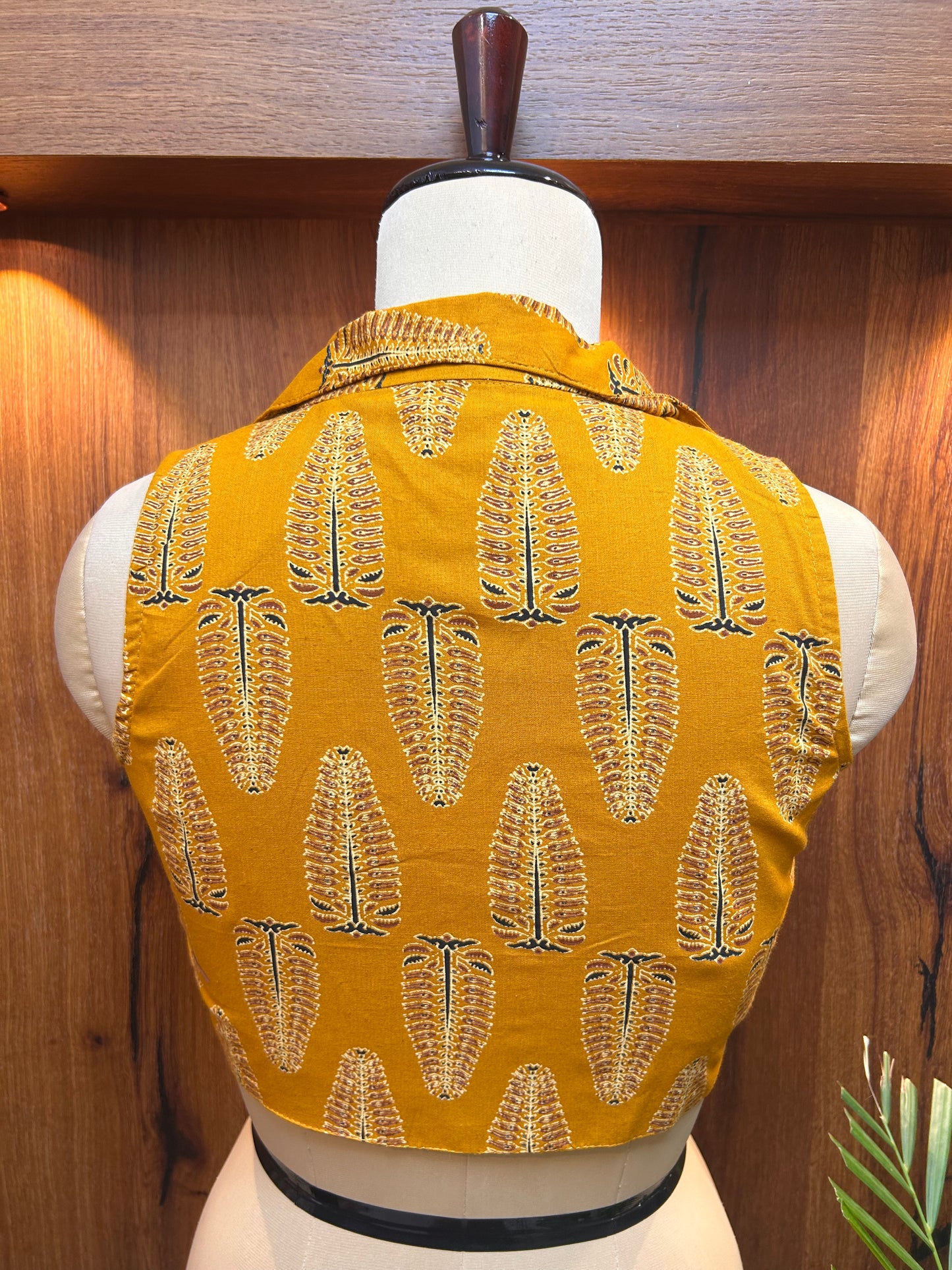 Mustard Yellow Printed Collared Designer Blouse