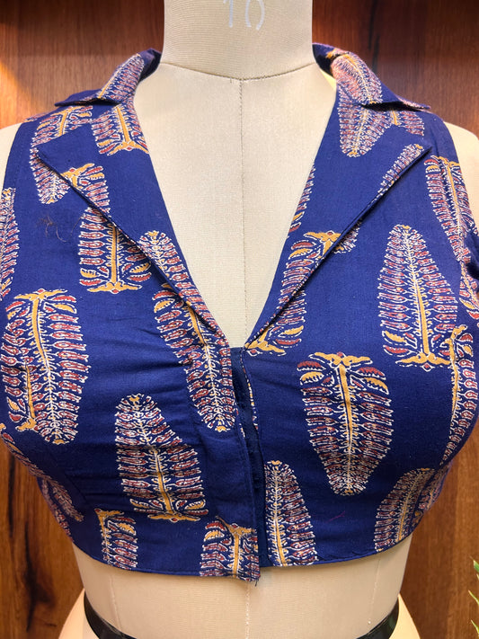 Navy Blue Collared Sleeveless Blouse