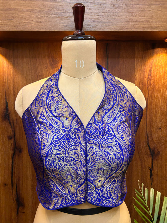 Royal Blue Banarasi Brocade Halter Neck Blouse