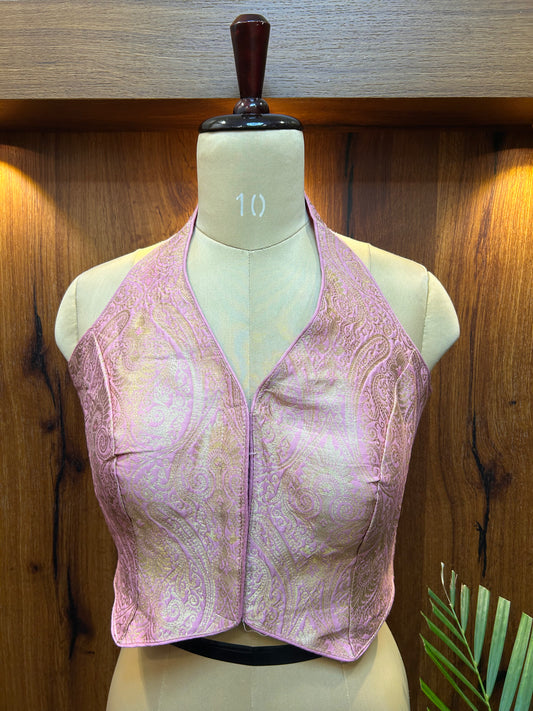 Blush Pink Brocade Halter Neck Designer Blouse