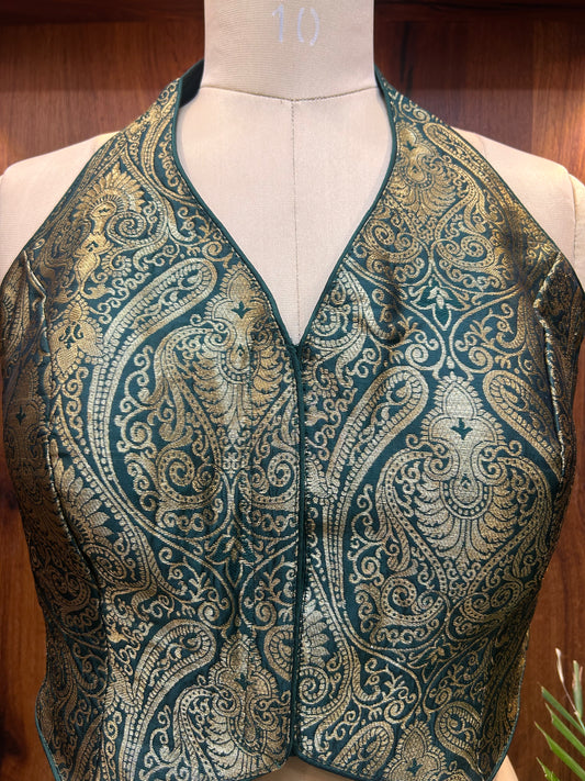 Teal & Antique Gold Brocade Designer Blouse