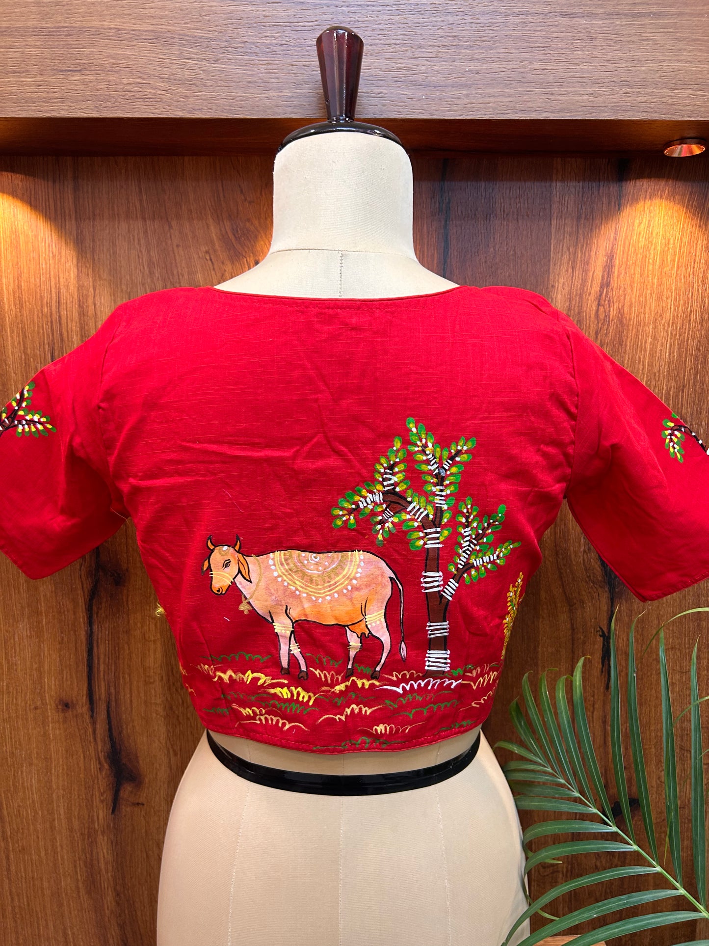 Hand-Painted Rustic Village Art Cotton Silk Blouse - Crimson Red
