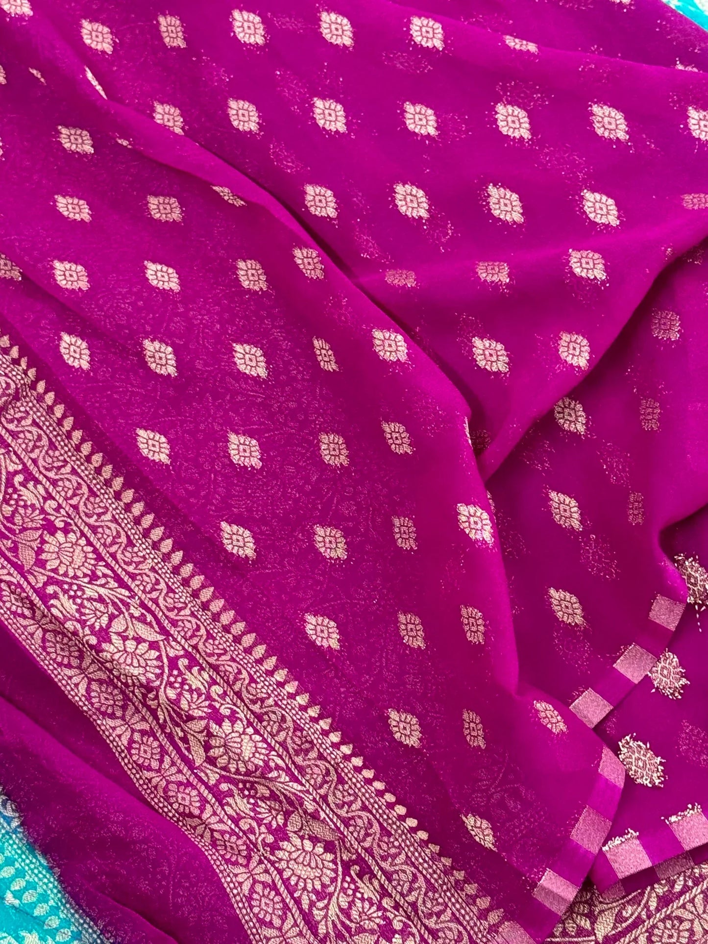 Pure Georgette Silk Banarasi Saree β Rama Blue with Purple border