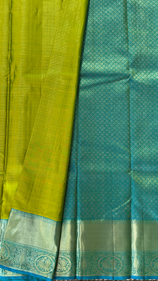 Green Pure Kanchipuram Silk Saree with Contrast Rama Blue Border | Silk Mark Certified